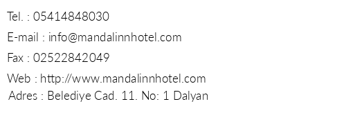 Mandalinn Hotel telefon numaralar, faks, e-mail, posta adresi ve iletiim bilgileri